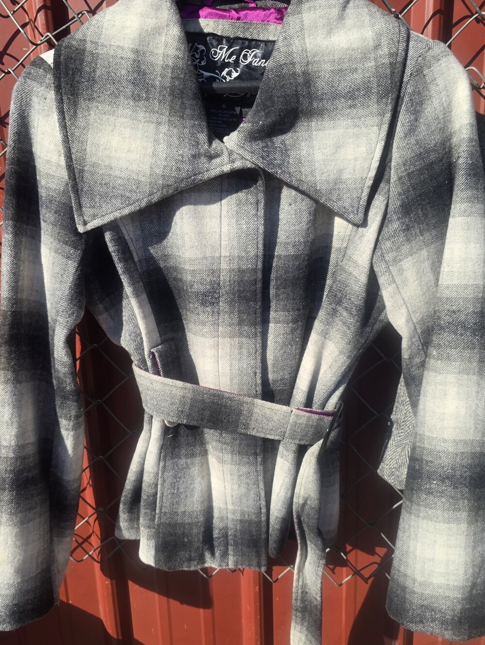 Me Jane Wool Blend Grey Plaid Pea Coat Belted Size Large